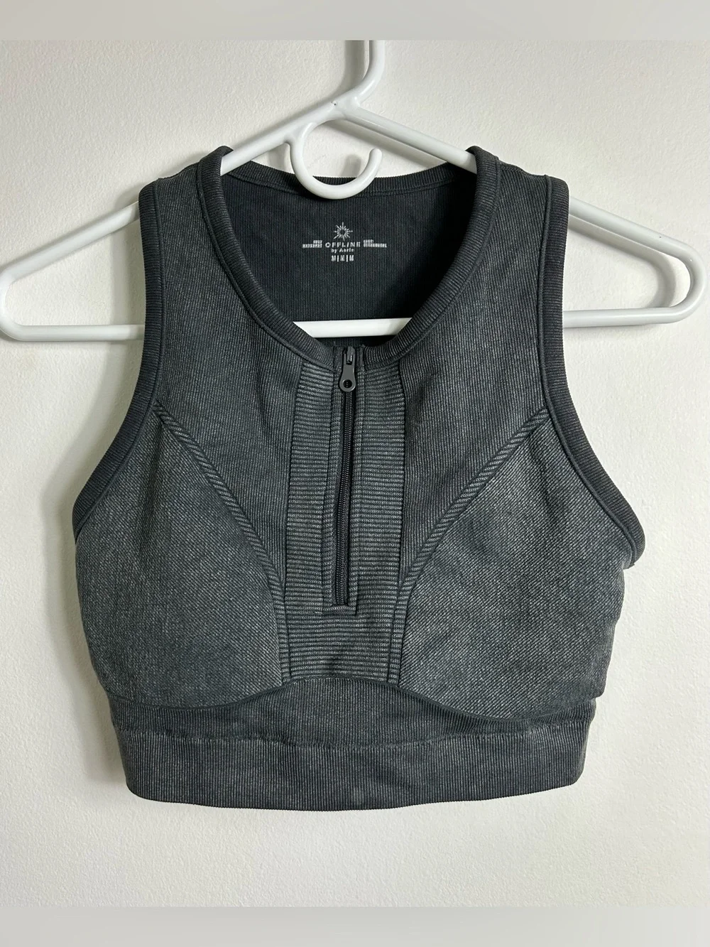OFFLINE by Aerie Seamless Zip Front Sports Bra, Charcoal, Women’s Medium